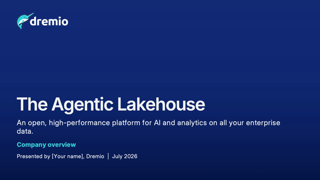 Agent-built Dremio prospect deck — title slide, The Agentic Lakehouse
