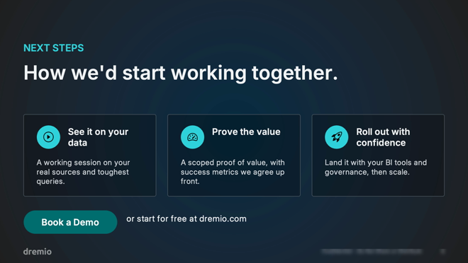 Agent-built Dremio prospect deck — slide 8, next steps