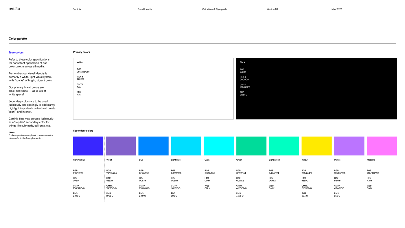 The inherited Certinia brand guidelines — a secondary palette of ten bright colours from violet to magenta