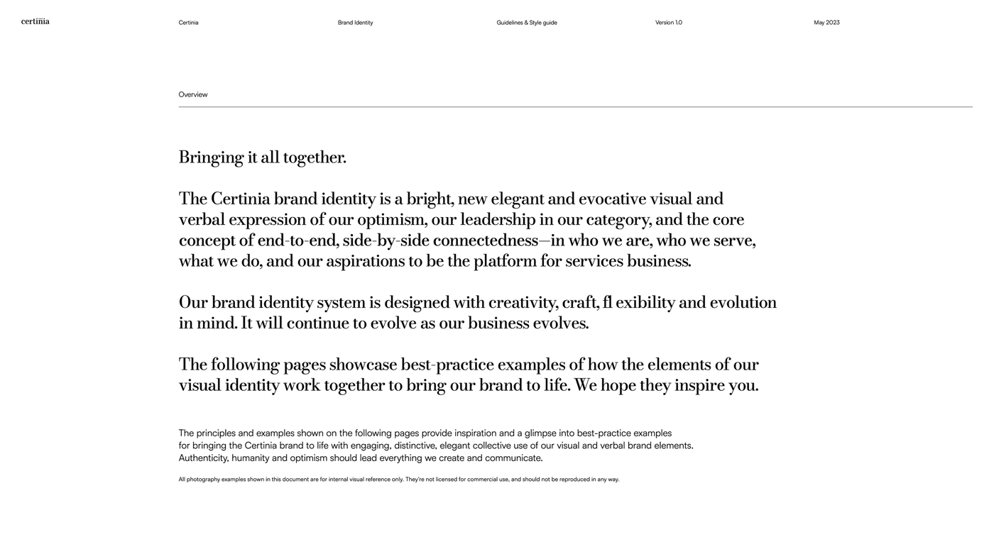 The inherited Certinia brand guidelines — the examples section overview, closing with 'we hope they inspire you'