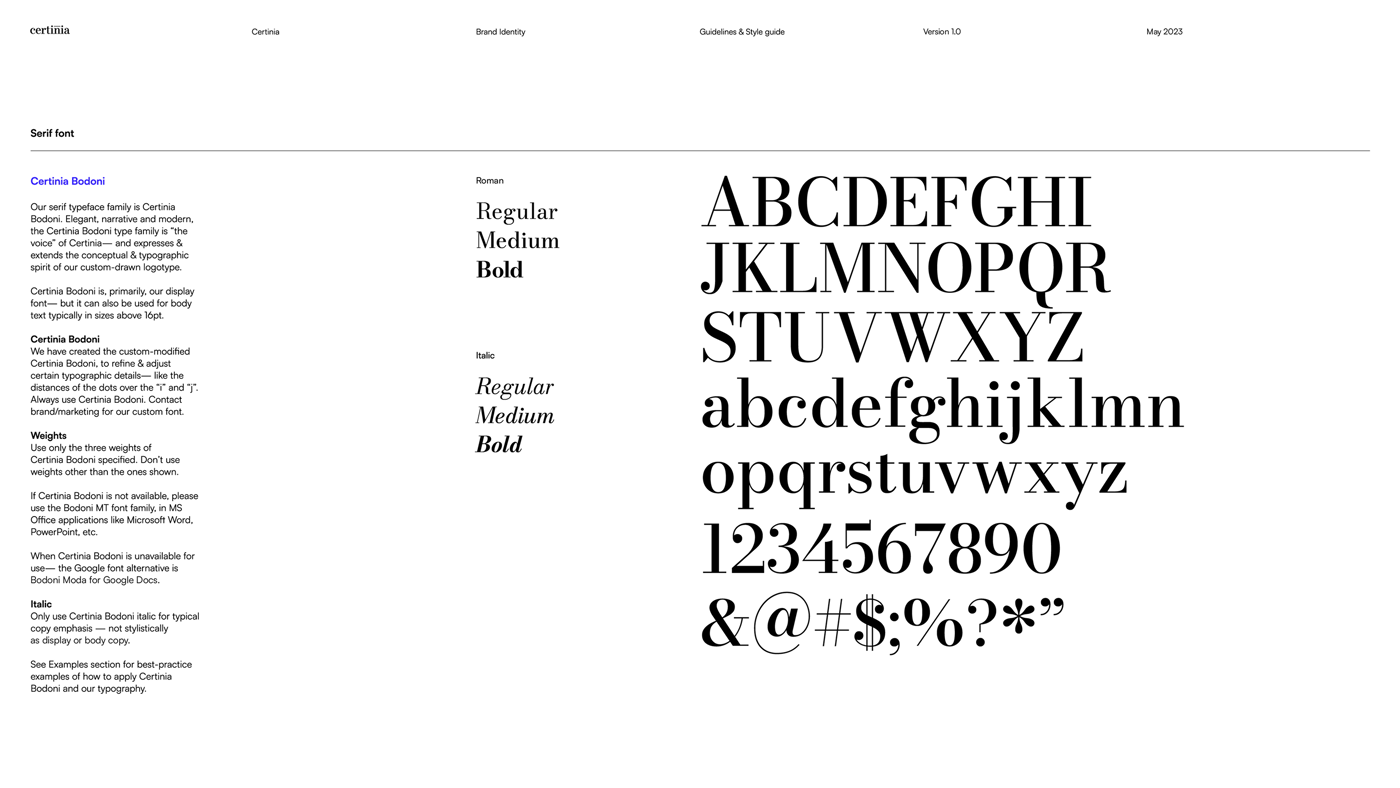 The inherited Certinia brand guidelines — the ornate Certinia Bodoni serif specimen