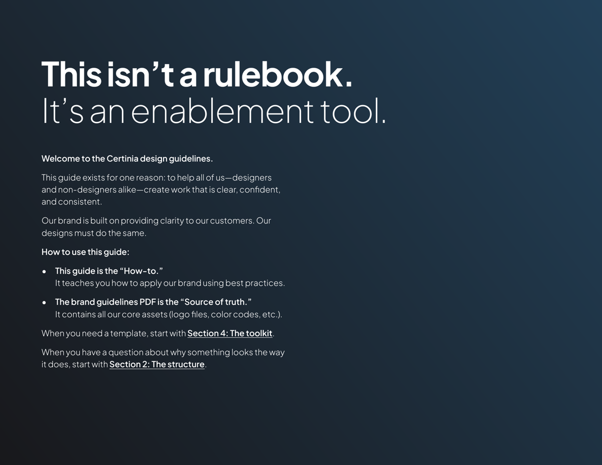 Certinia design guidelines opening page — this isn't a rulebook, it's an enablement tool