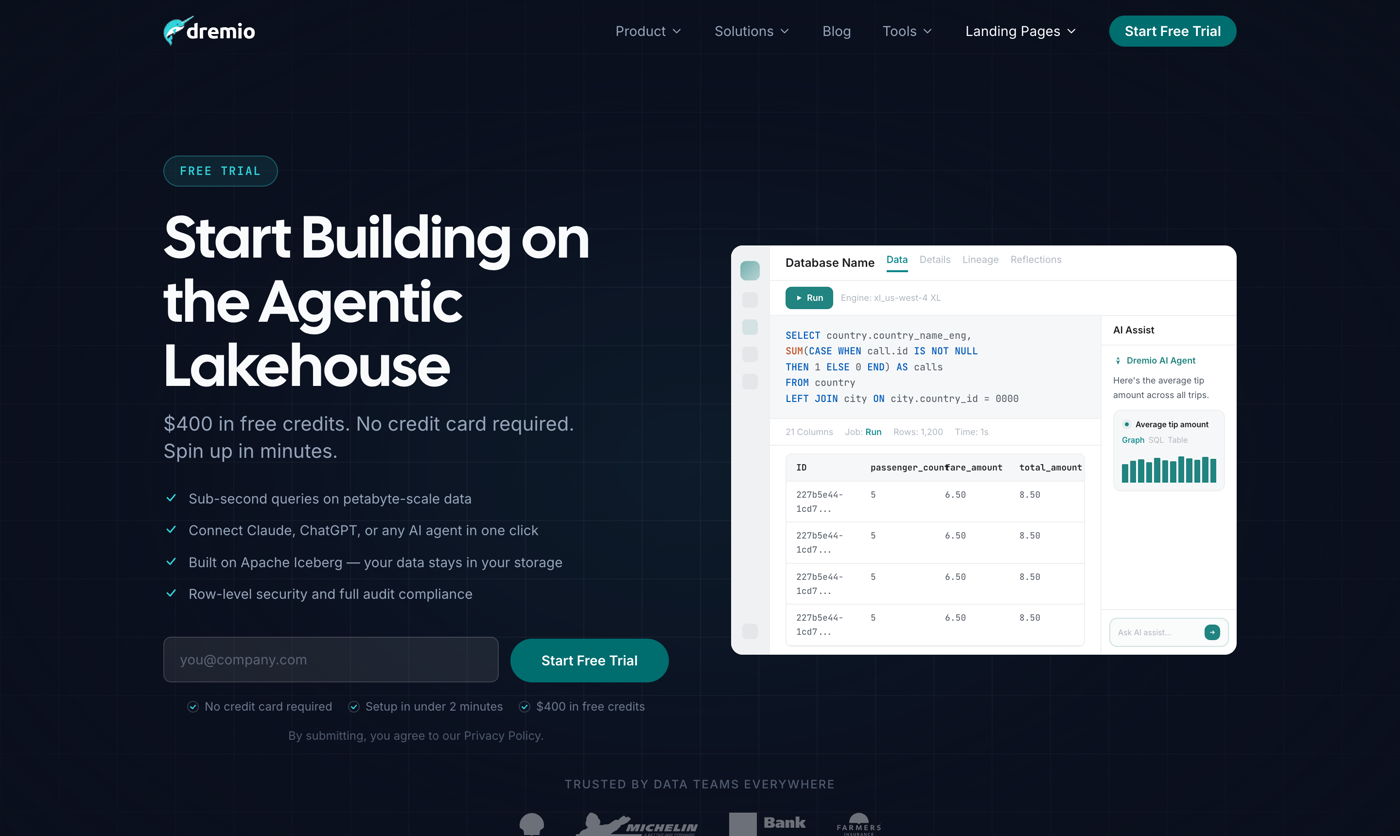 Dremio web prototype — trial landing page with inline form and coded SQL-editor product visual