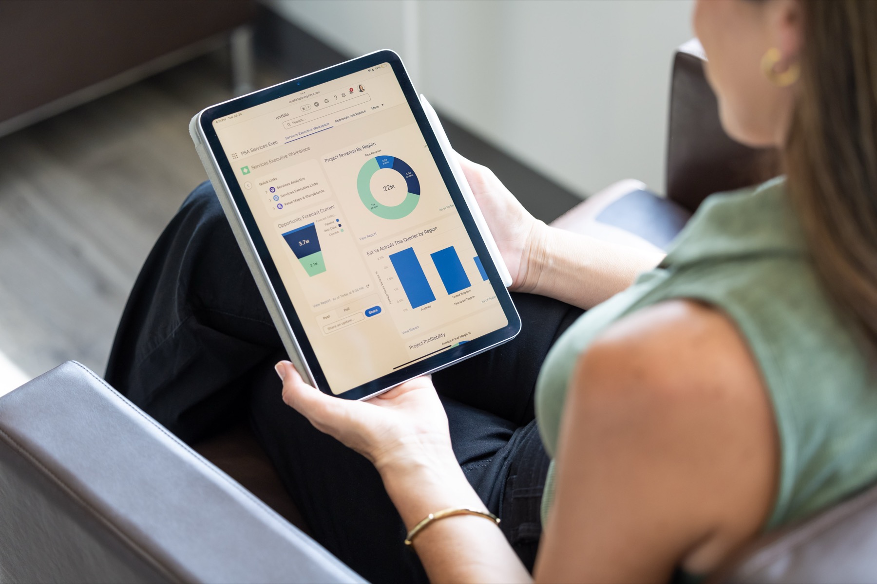 A tablet displaying charts during a meeting.