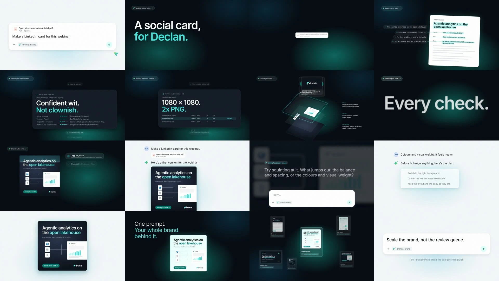 Sixteen frames from the explainer: the front end on light backgrounds, behind the scenes on dark.