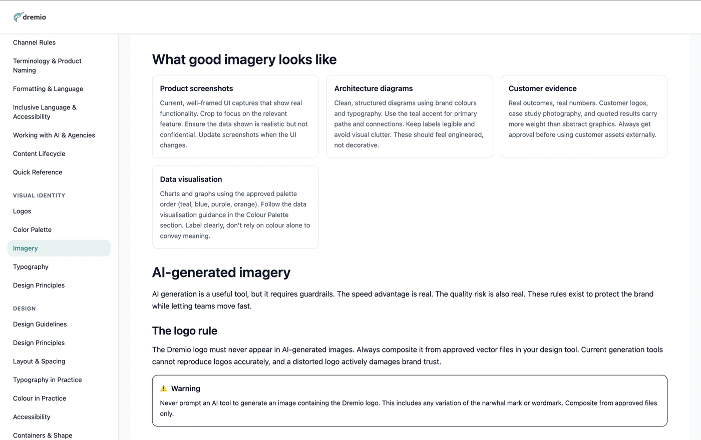 Guidelines page: what good imagery looks like, and the rule on AI-generated imagery.