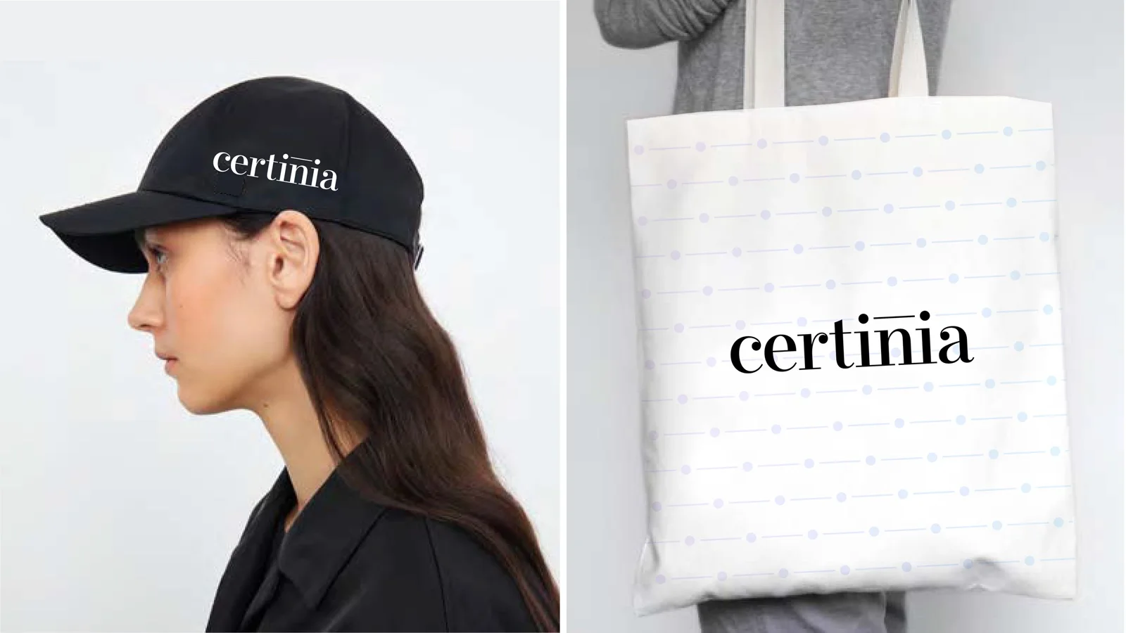 A spread from the original Certinia guidelines: a branded cap and a tote bag.