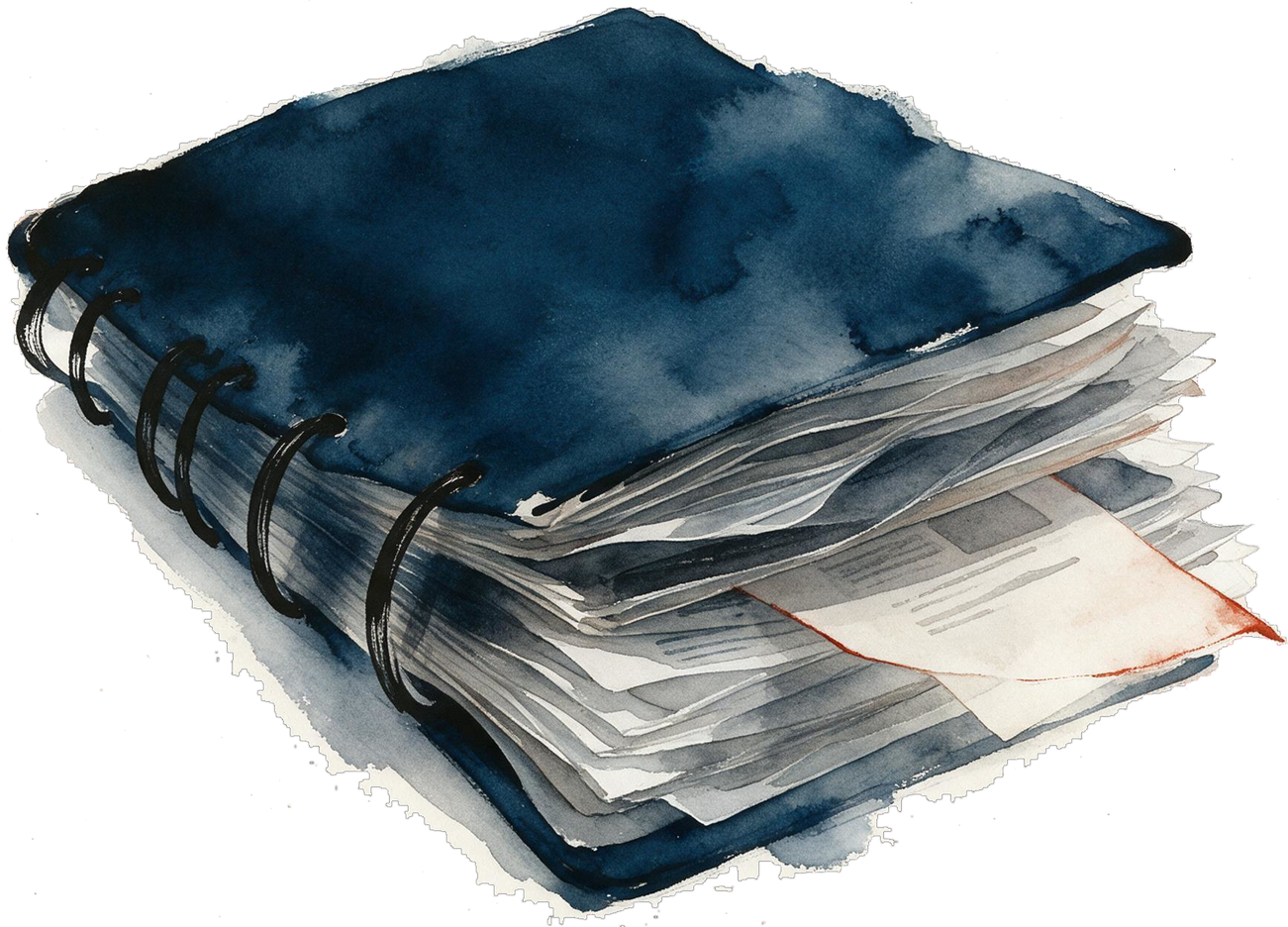 An overfilled navy ring binder with loose pages spilling from its covers.